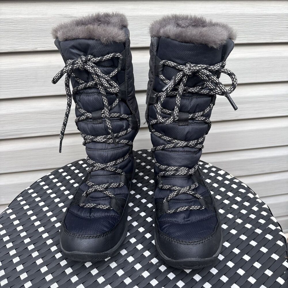 Sorel Women's Whitney II Tall Lace Boots Size 8 Black Blue Waterproof Faux Fur